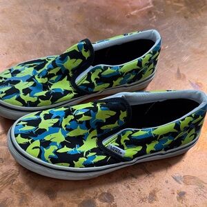 Vans Kids Slip-On Sneakers - Black and Green Glow in the Dark Shark Print
